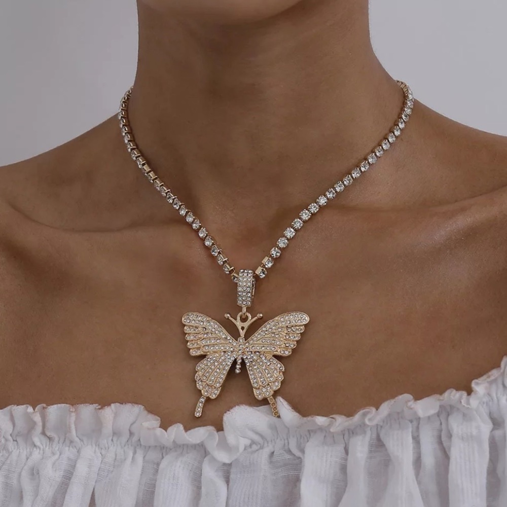 Hip Hop Gold Rhinestone Butterfly Tennis Necklace
